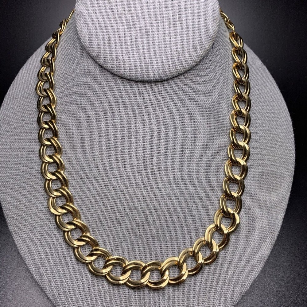 Gold Tone Double Link Collar Necklace Classic Simple Polished 18 Inch Vintage